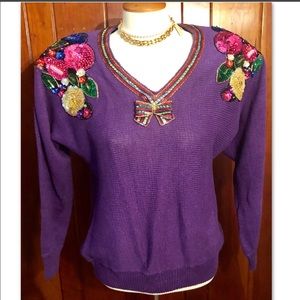 SEQUIN CHRISTMAS BEADED BOW SWEATER